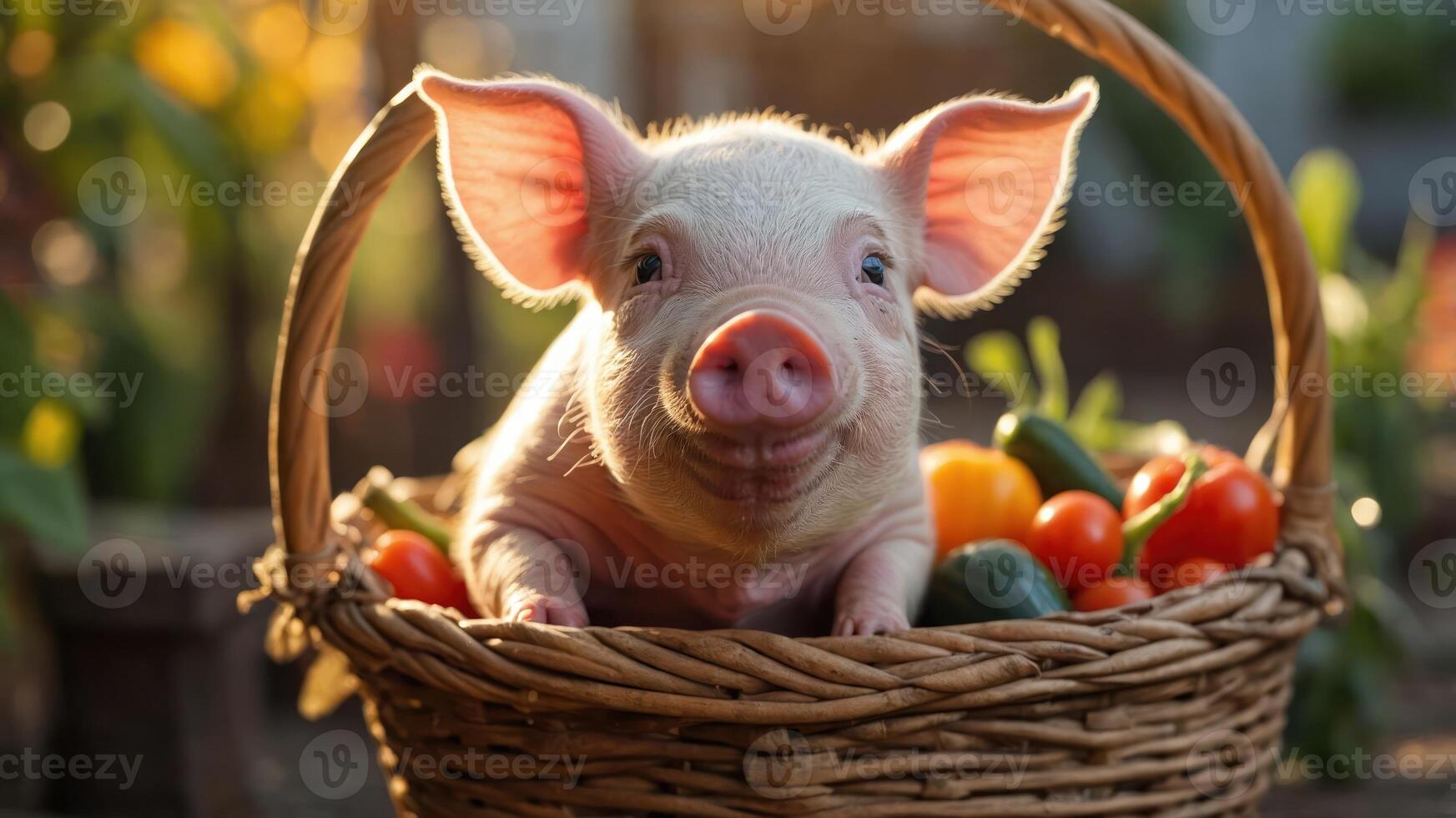 A cute piglet sits in a basket filled with fresh vegetables and fruits, radiating joy. photo