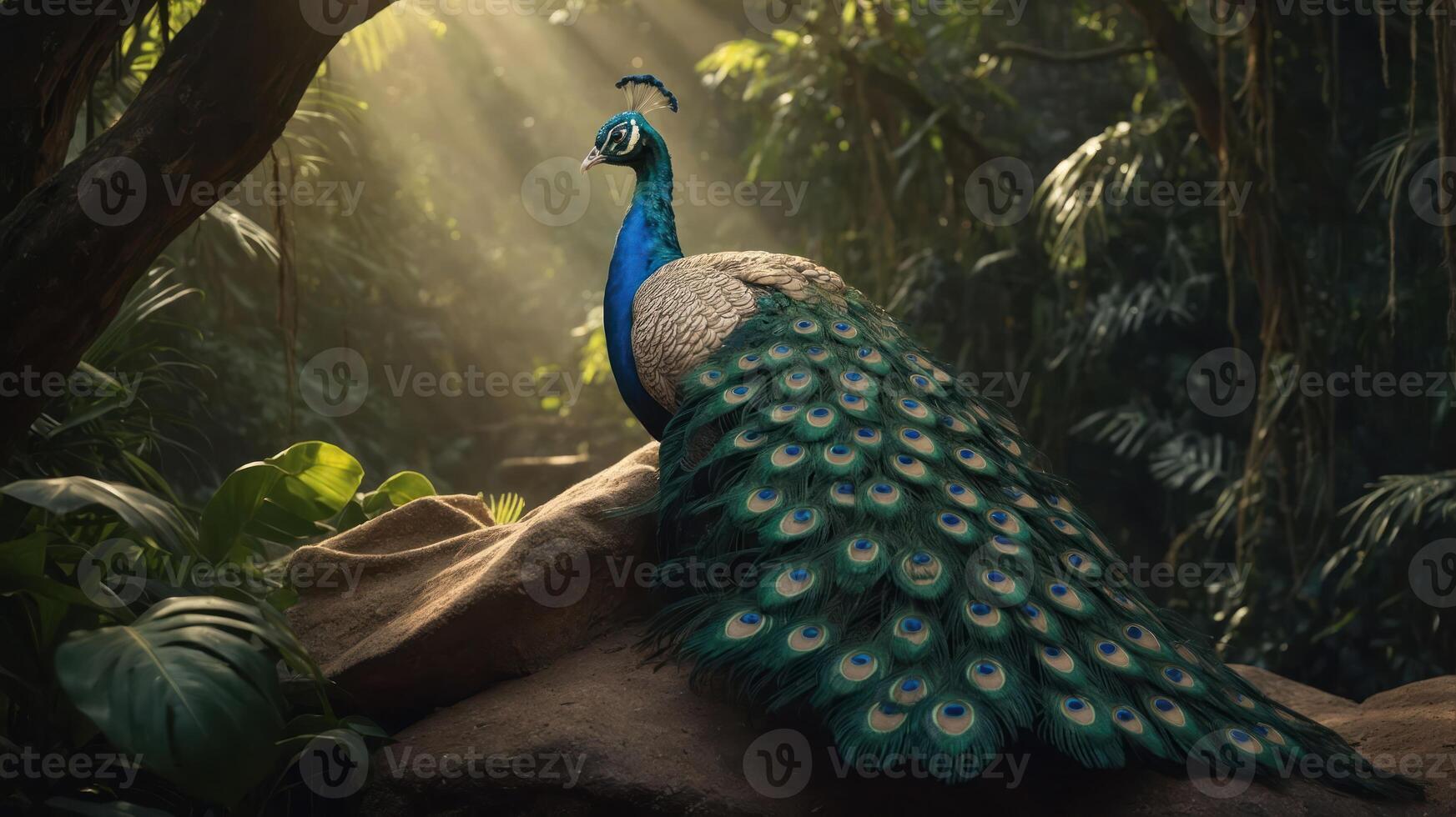 A majestic peacock displaying its vibrant feathers in a lush, sunlit jungle setting. photo