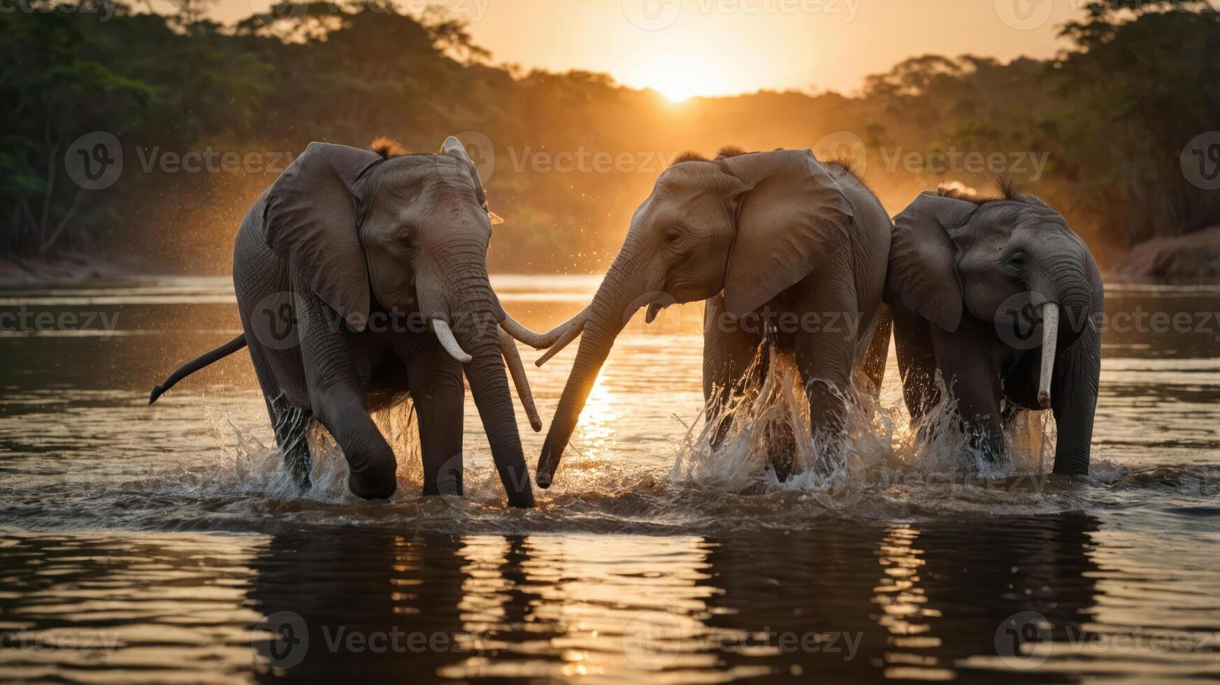 Three elephants playfully splash in a river during sunset, showcasing wildlife beauty. photo