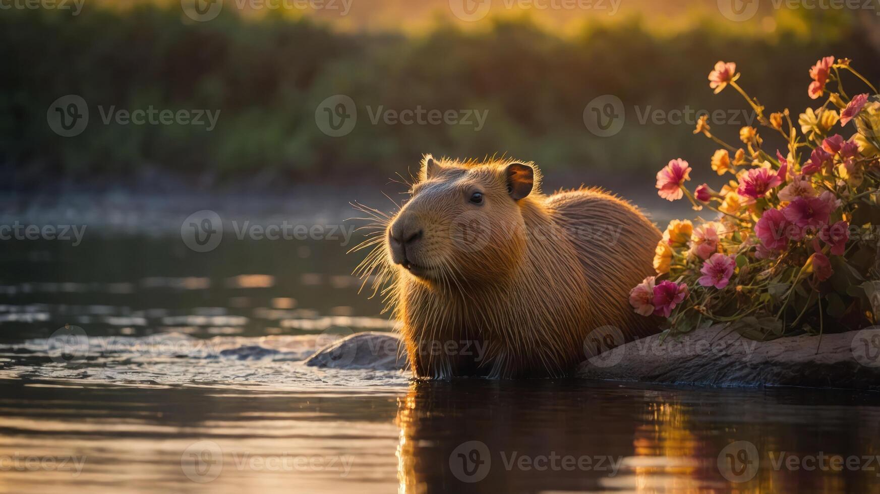 A capybara resting by the water's edge with flowers in a serene sunset setting. photo
