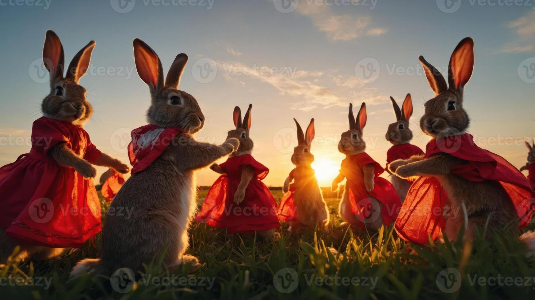 Rabbits in red dresses gather at sunset in a grassy field, creating a whimsical scene. photo