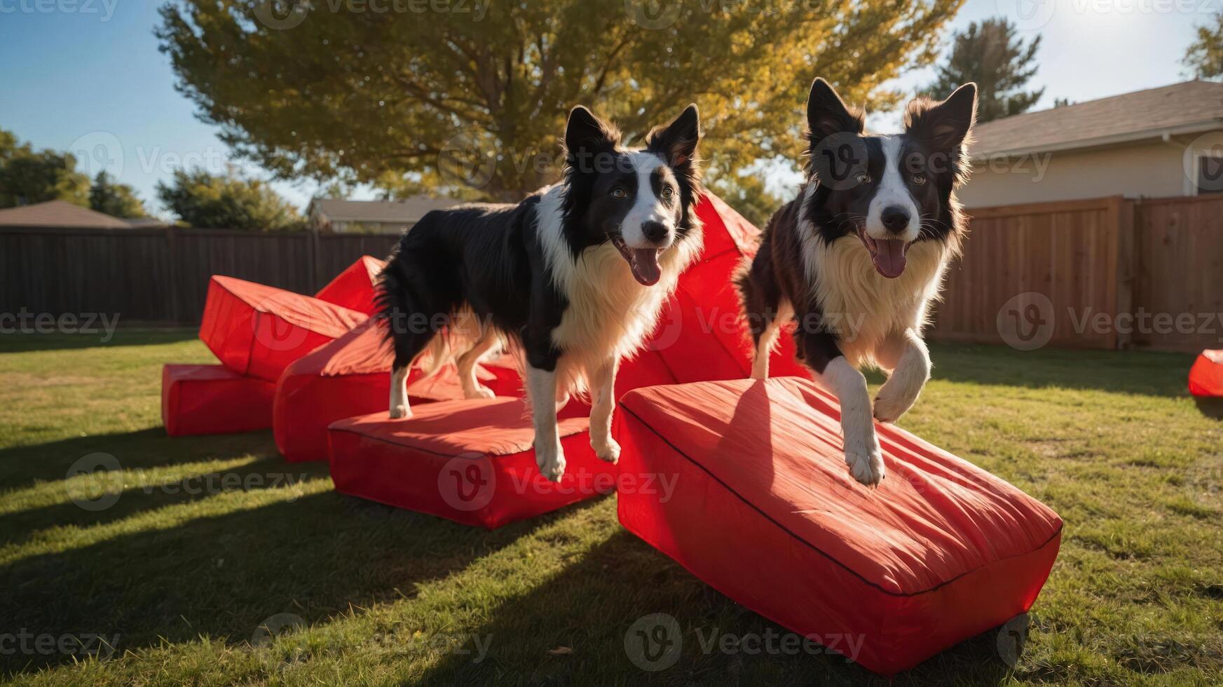 Two dogs jumping over red cushions in a backyard. photo