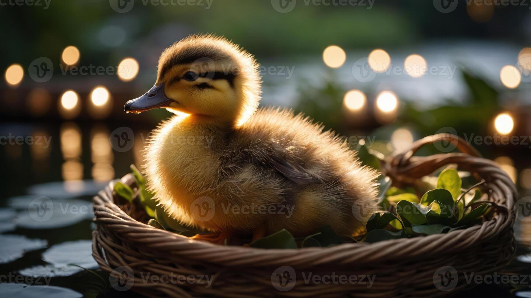 A fluffy duckling sits in a woven basket surrounded by greenery, illuminated by soft lights. photo
