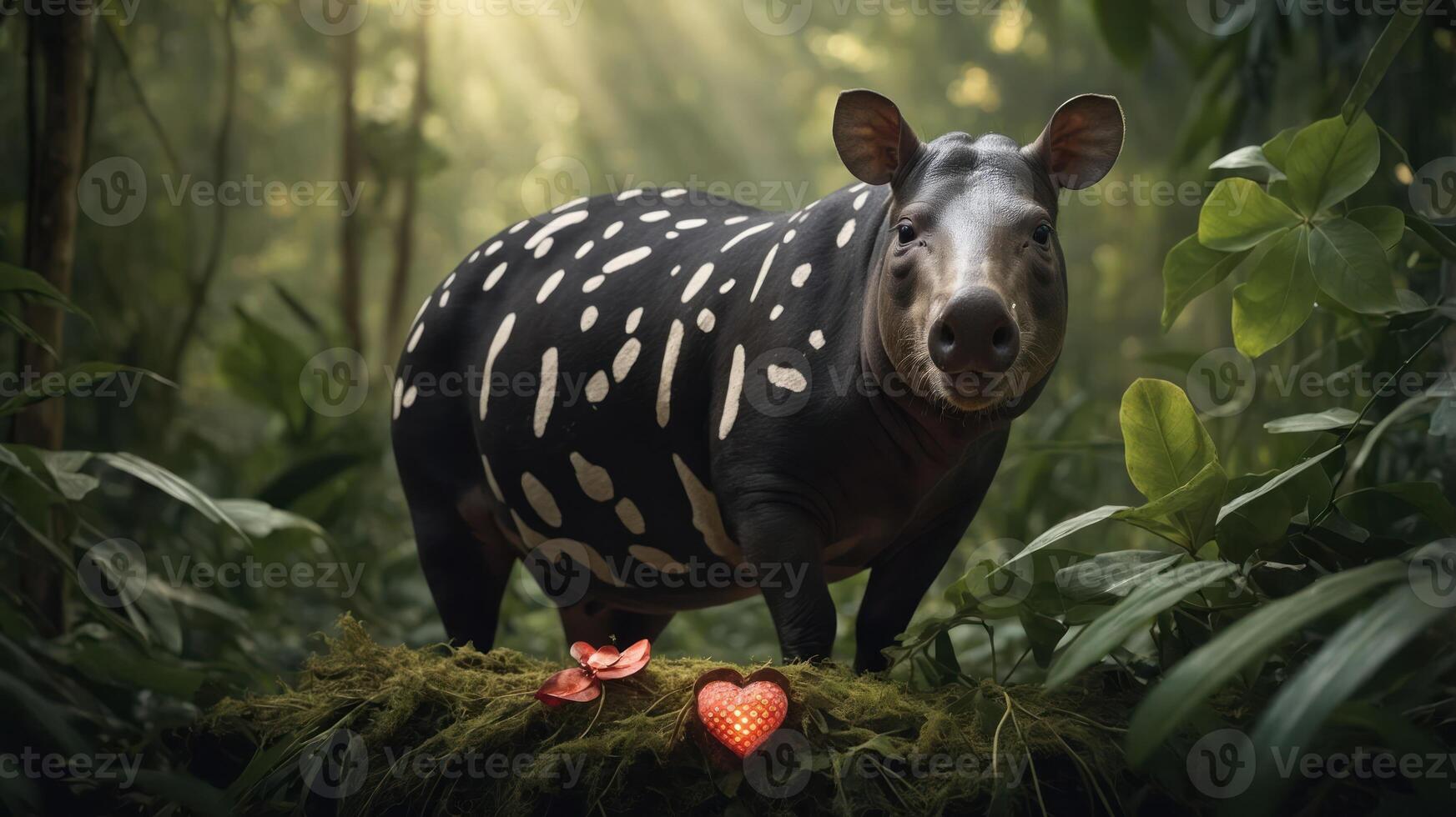 A tapir stands in a lush jungle, surrounded by heart-shaped decorations and flowers. photo
