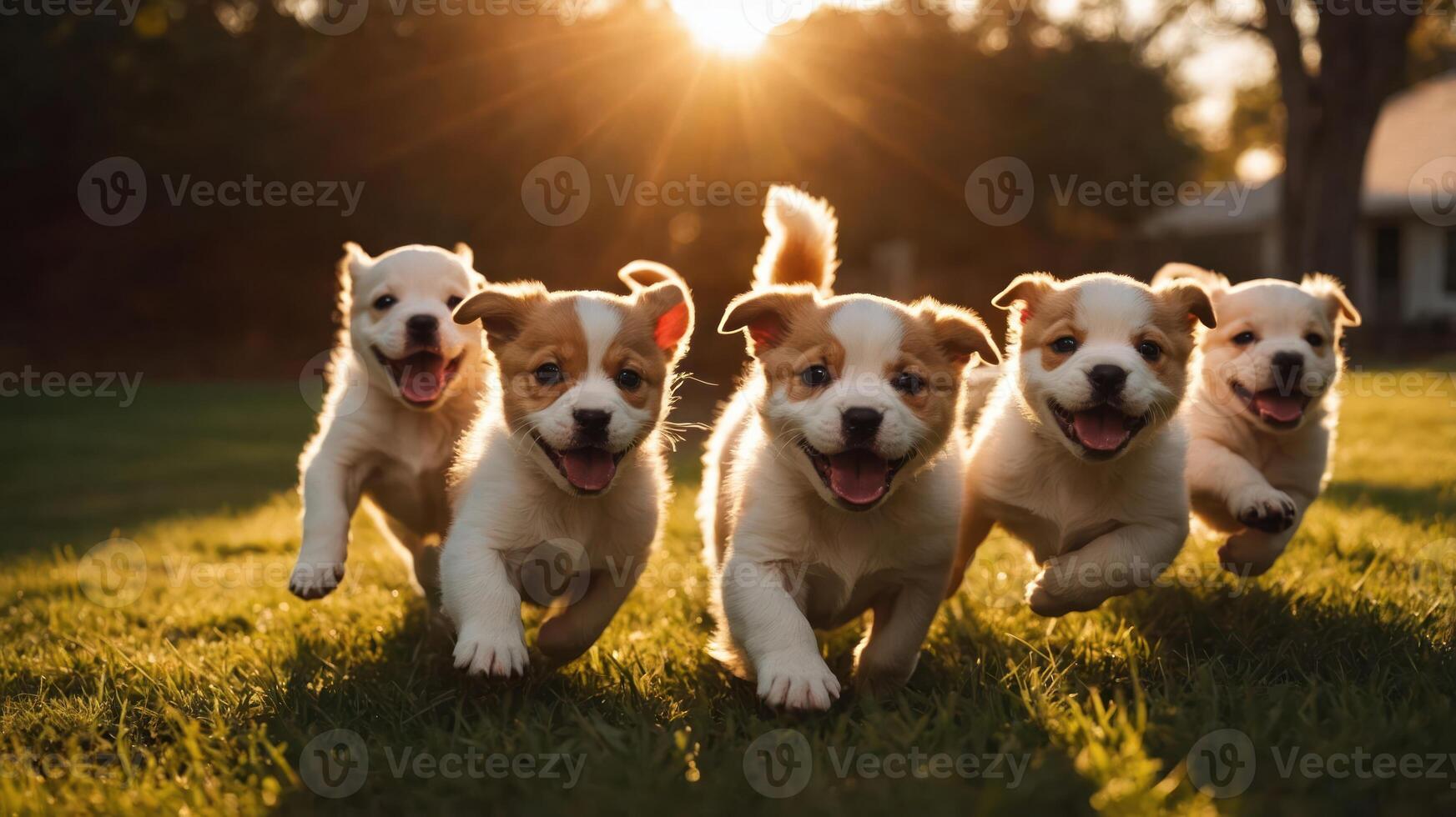Five playful puppies running joyfully in a sunlit grassy field. photo