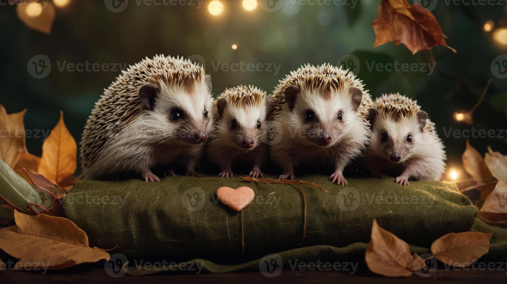 A charming scene featuring four hedgehogs on a green cushion with autumn leaves and lights. photo