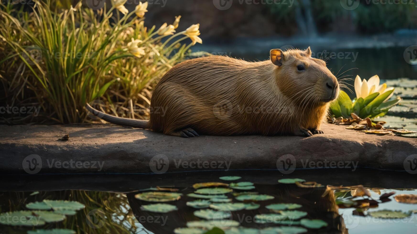 A capybara resting by a serene pond surrounded by water lilies and lush greenery. photo