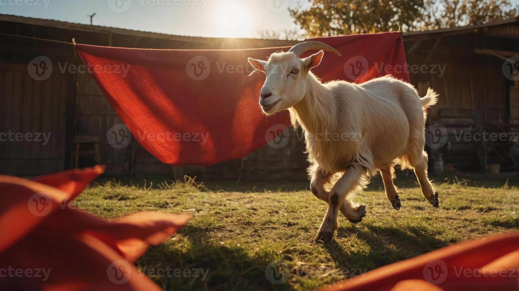 A goat playfully runs in a sunlit farmyard with a vibrant red backdrop. photo