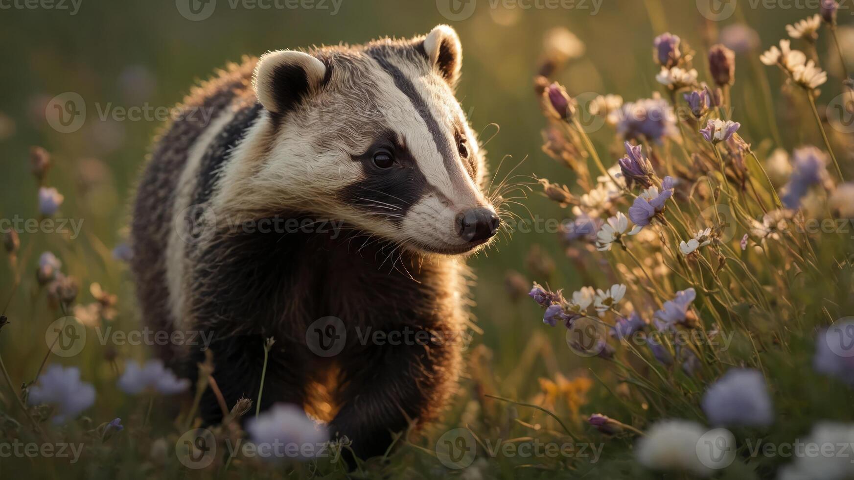 A badger walking through a field of flowers during golden hour. photo