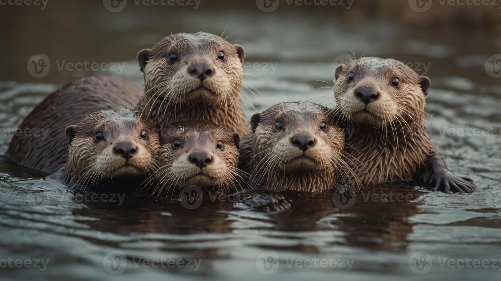 A group of five otters swimming together in a serene water setting. photo