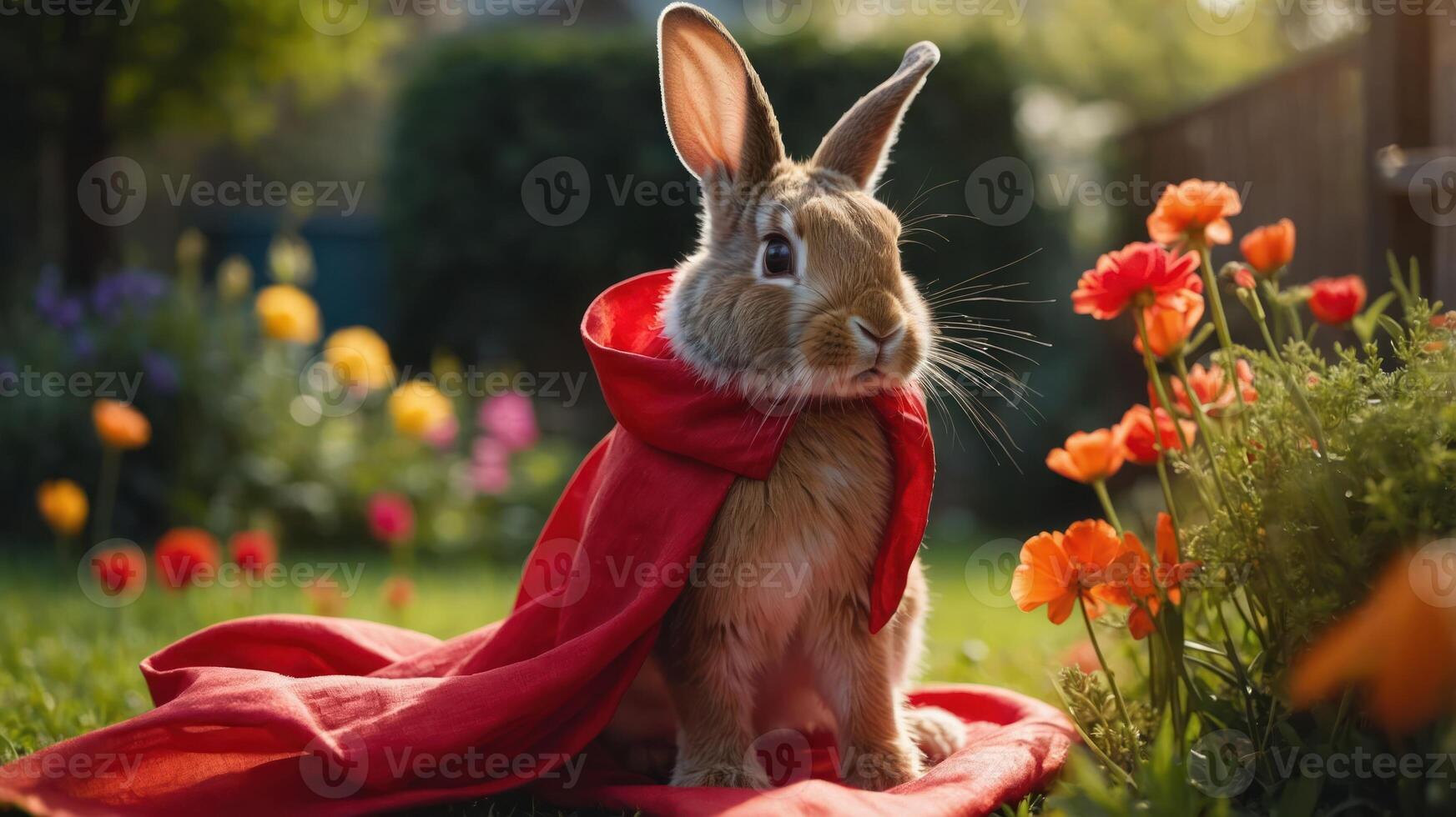 A rabbit in a red cape sits among colorful flowers in a sunny garden. photo