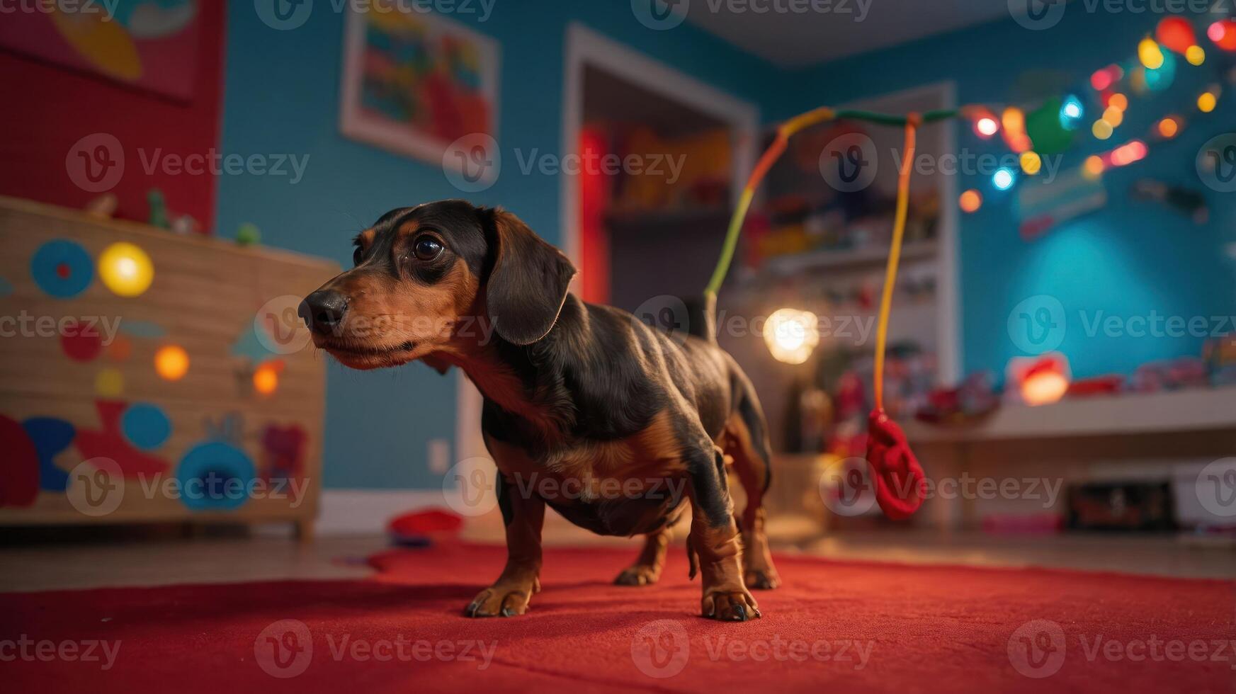 A dachshund stands on a red rug in a colorful, playful room filled with toys and lights. photo