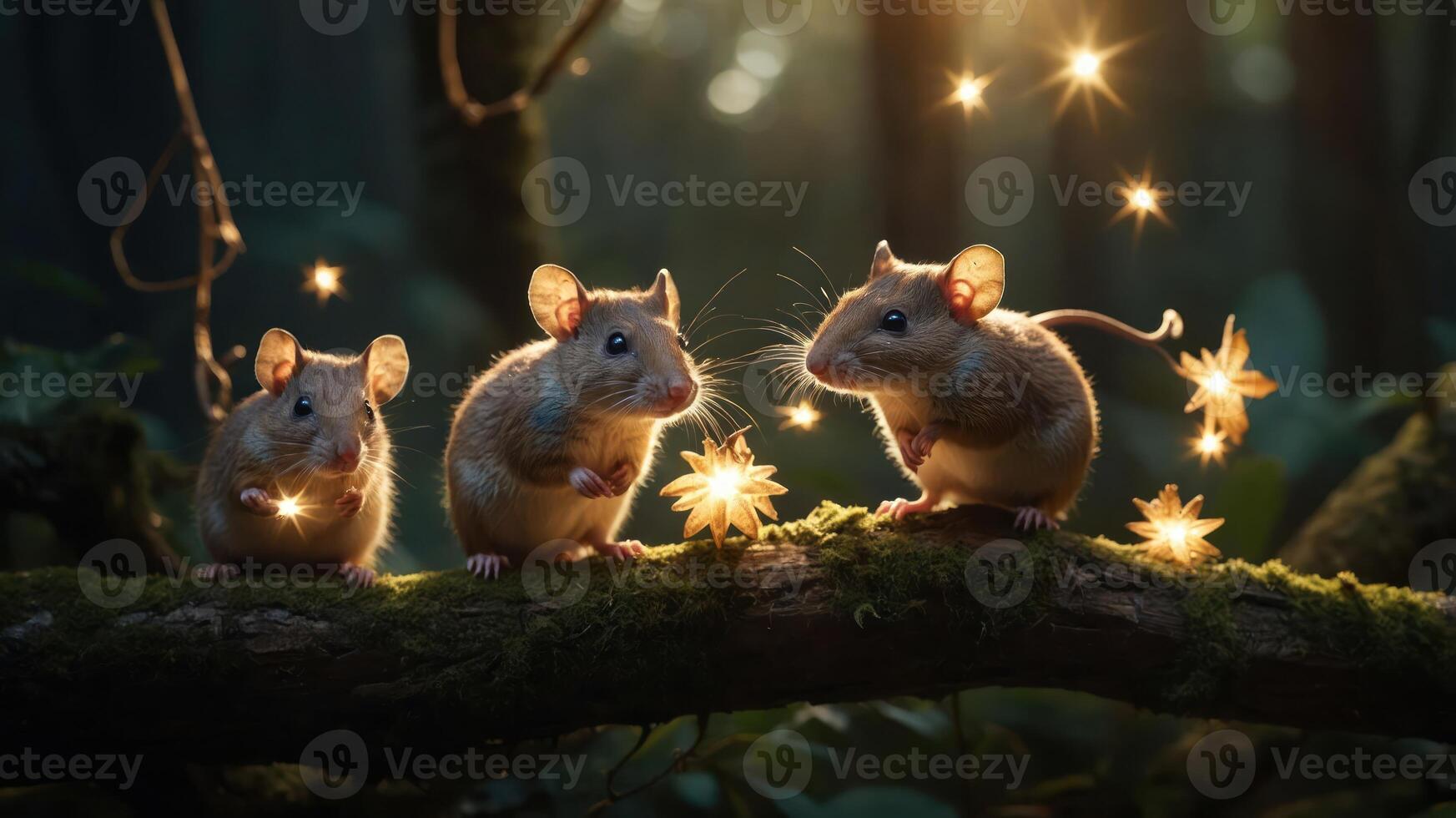 Three whimsical mice with glowing elements in a magical forest setting. photo