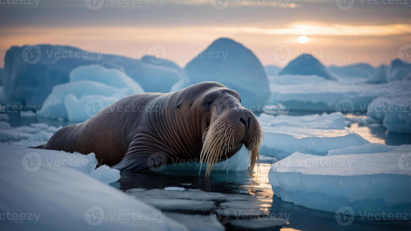 A walrus rests on ice floes during sunset, showcasing its natural habitat. photo