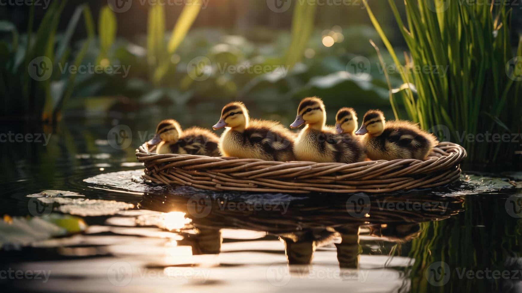 A group of ducklings peacefully floating in a woven basket on a serene pond at sunset. photo
