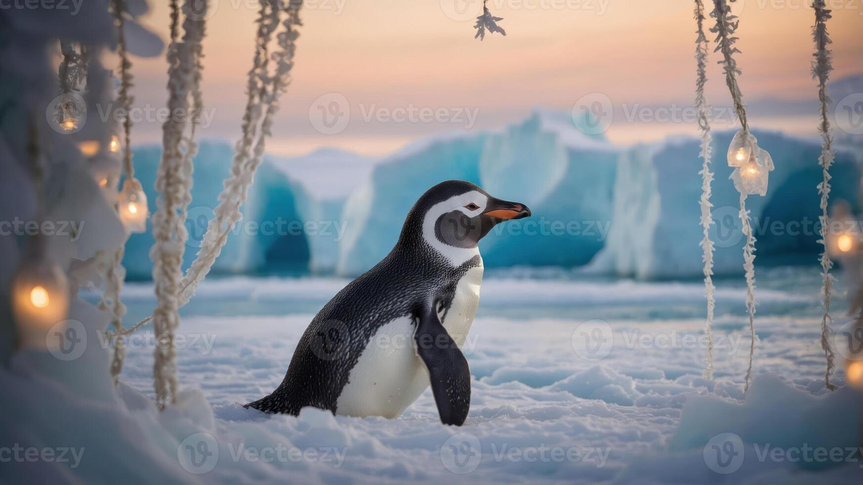 A penguin stands on icy terrain, surrounded by icebergs and festive lights at sunset. photo