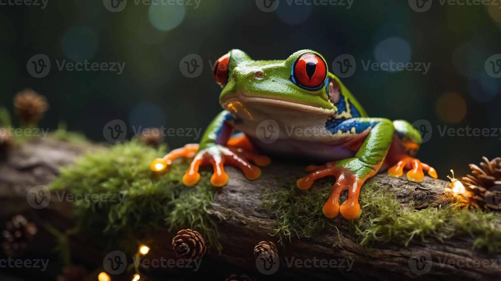 A vibrant red-eyed tree frog perched on a mossy log, surrounded by a blurred natural background. photo