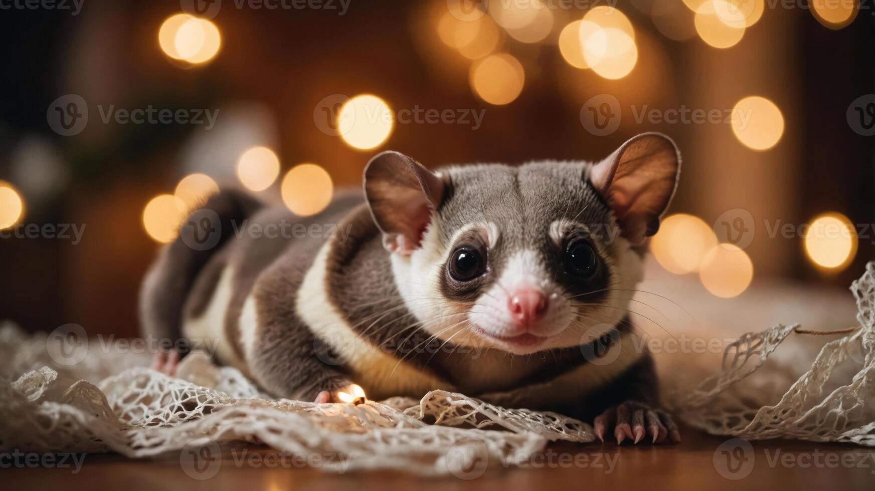 A close-up of a cute sugar glider resting on a textured surface with warm bokeh lights. photo