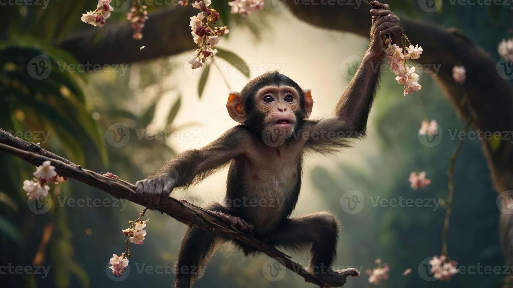 A young monkey hangs from a branch surrounded by blooming flowers in a lush environment. photo