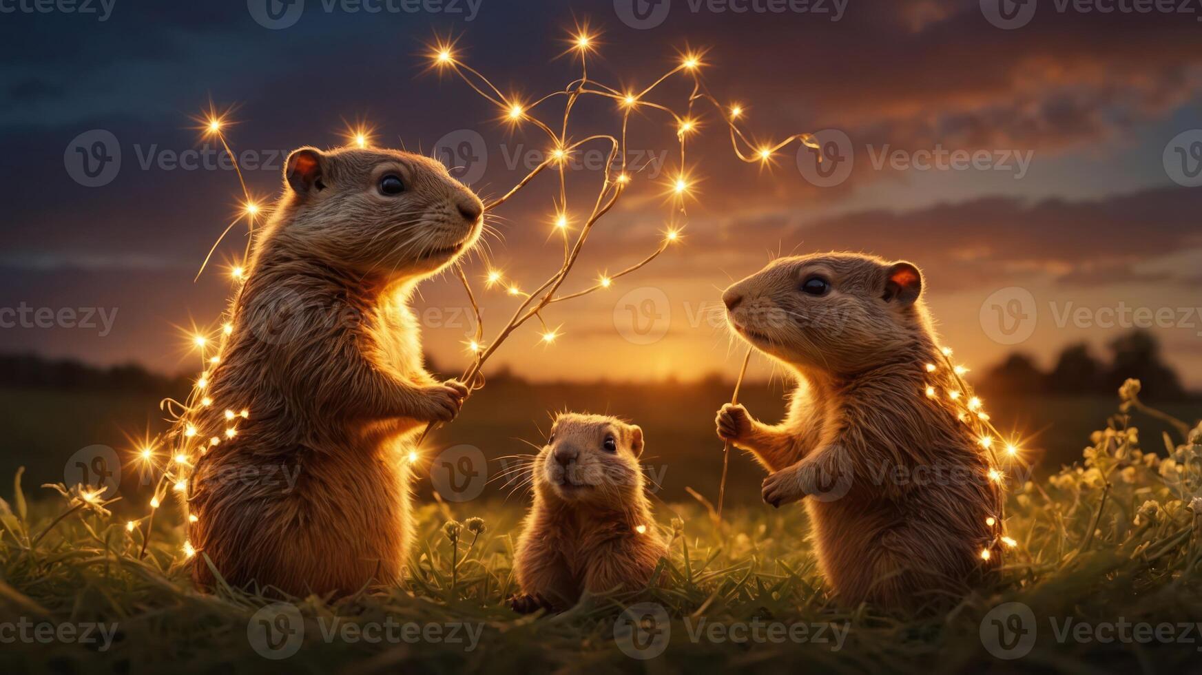 Three adorable rodents play with glowing twigs at sunset in a serene field. photo