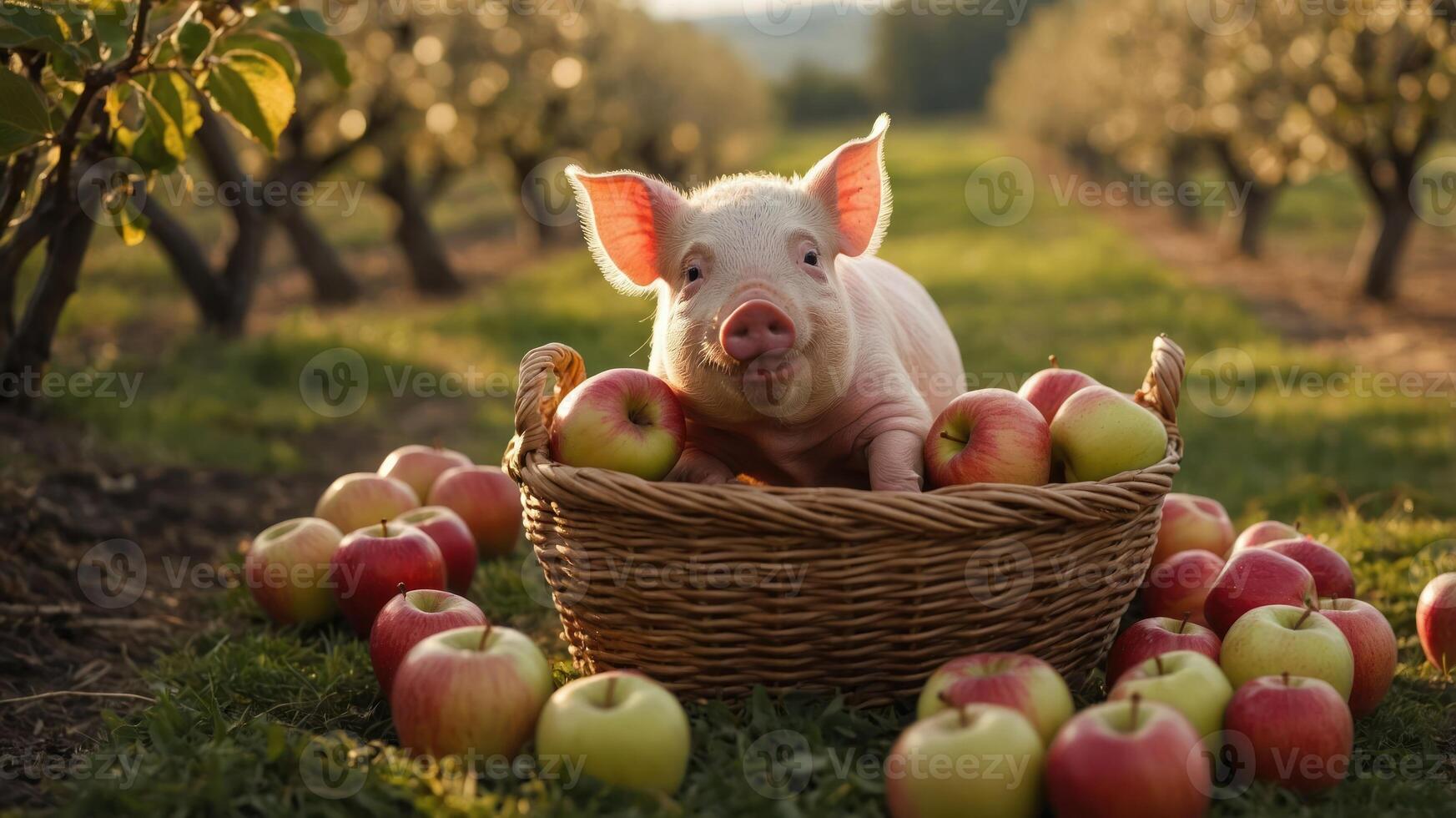 A pig sits in a basket surrounded by apples in a sunny orchard. photo