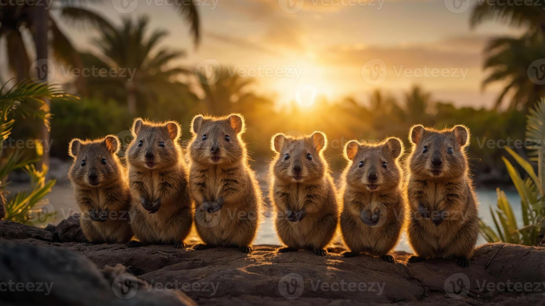 Six quokkas posing together at sunset by a tropical setting. photo