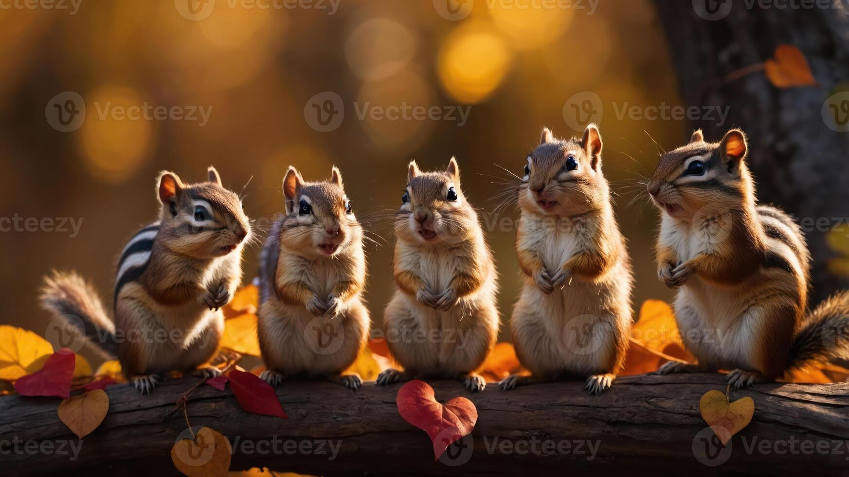 Five chipmunks sitting on a log amidst autumn leaves, enjoying a serene moment. photo