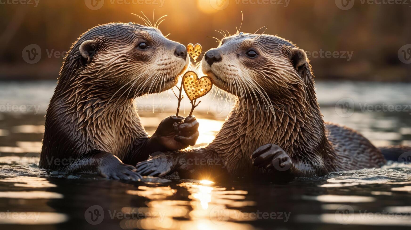 Two otters share a heart-shaped object in a serene water setting during sunset. photo