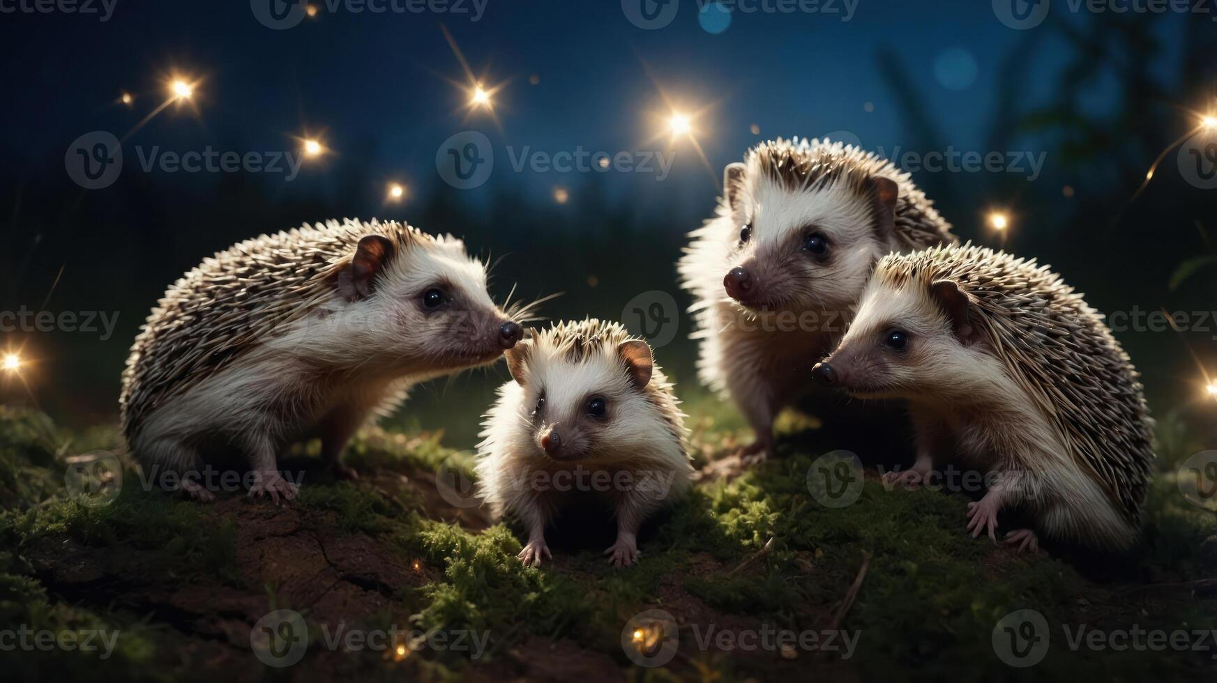 A group of hedgehogs gathered in a whimsical, enchanting setting with sparkling lights. photo