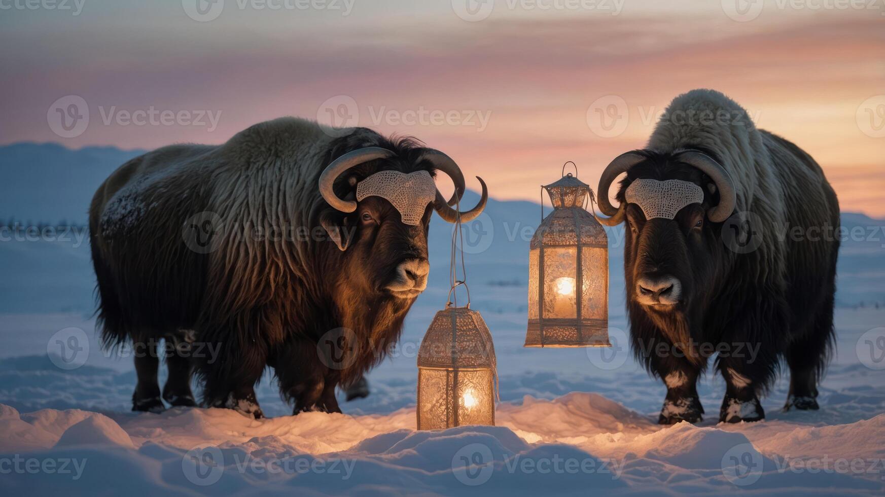 Two musk oxen beside lanterns in a snowy landscape at sunset. photo