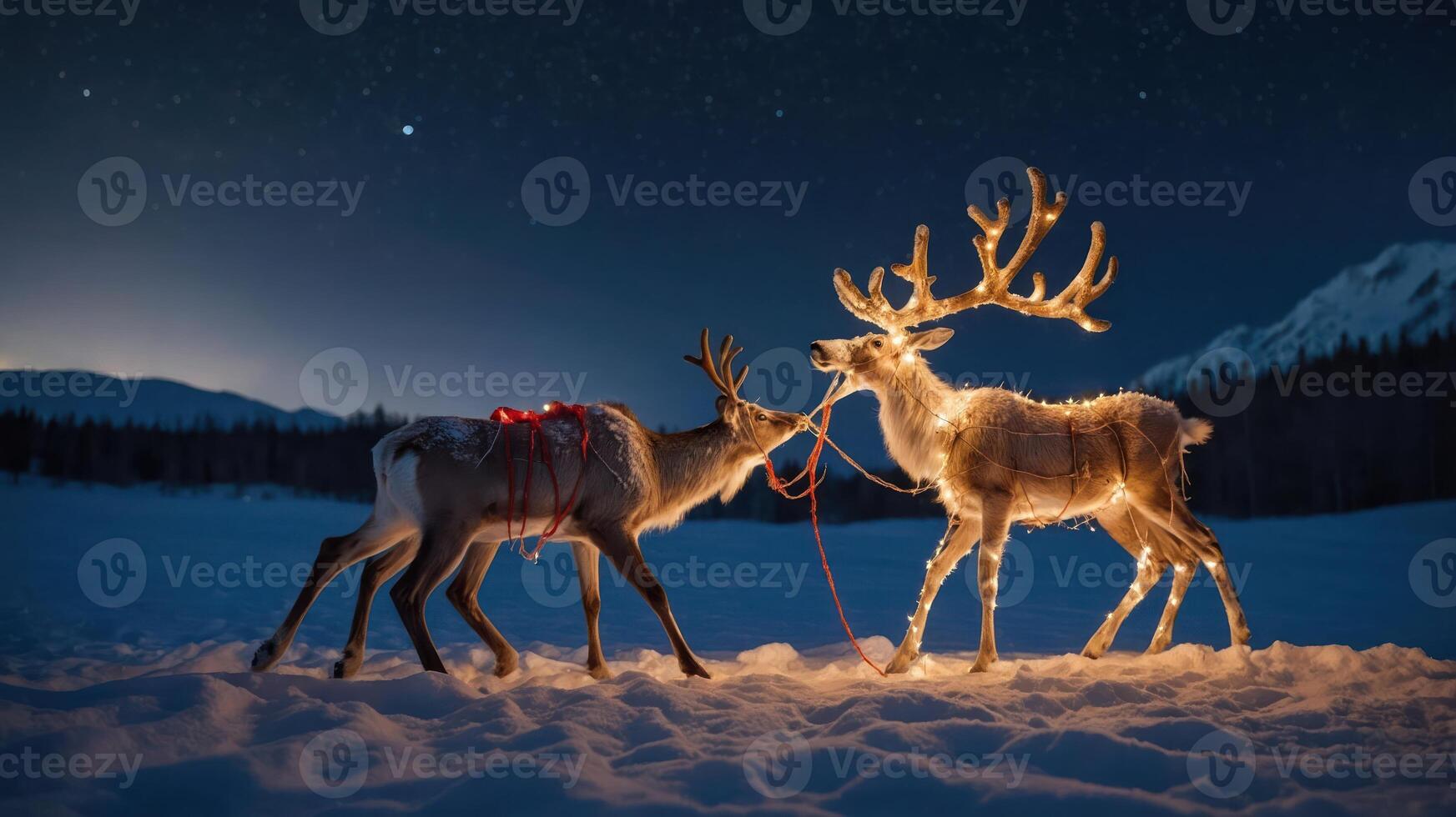 Two illuminated reindeer in a snowy landscape under a starry night sky. photo