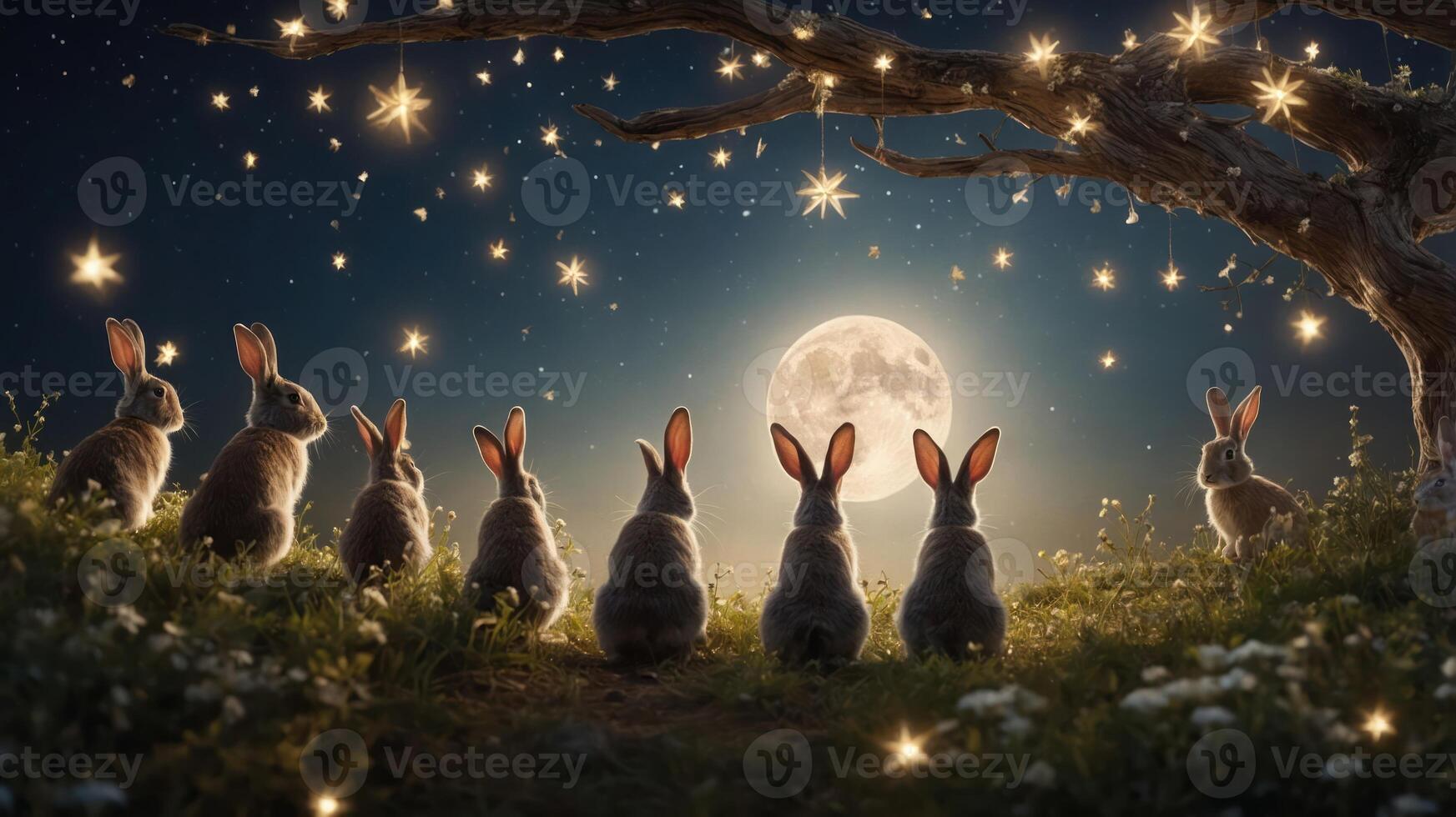 A serene scene of rabbits gazing at a full moon under a starry sky. photo