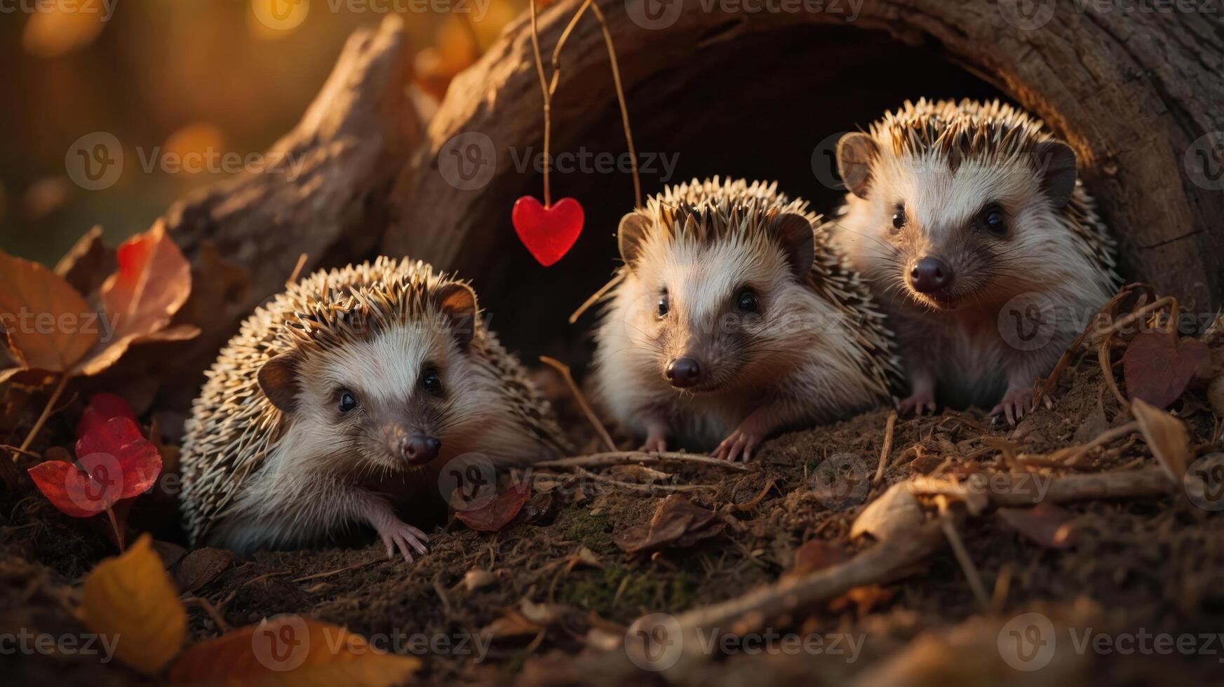 Three cute hedgehogs near a wooden log with a heart decoration in a natural setting. photo