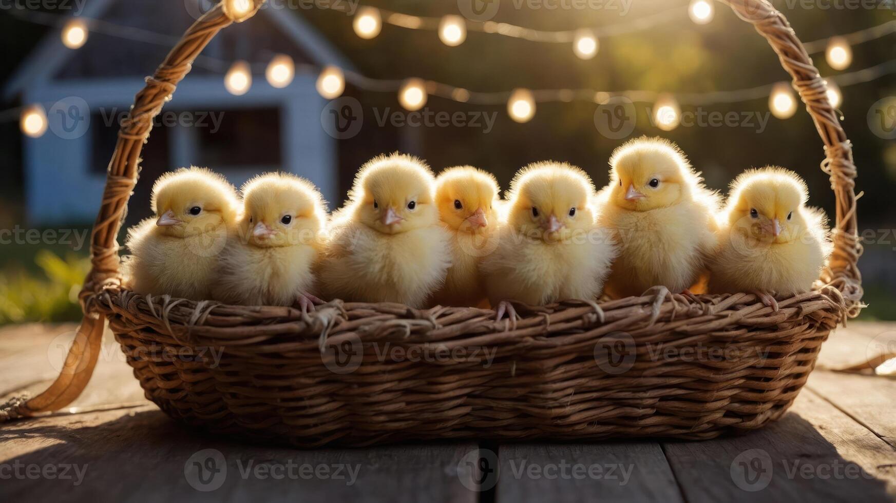 A basket filled with fluffy yellow chicks, illuminated by warm lights in a serene setting. photo
