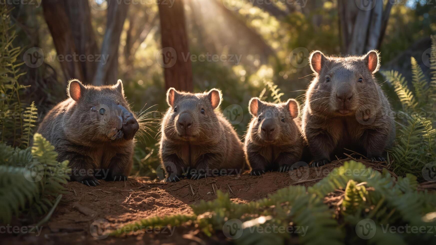 Four adorable wombats posed in a forest setting, illuminated by soft sunlight. photo