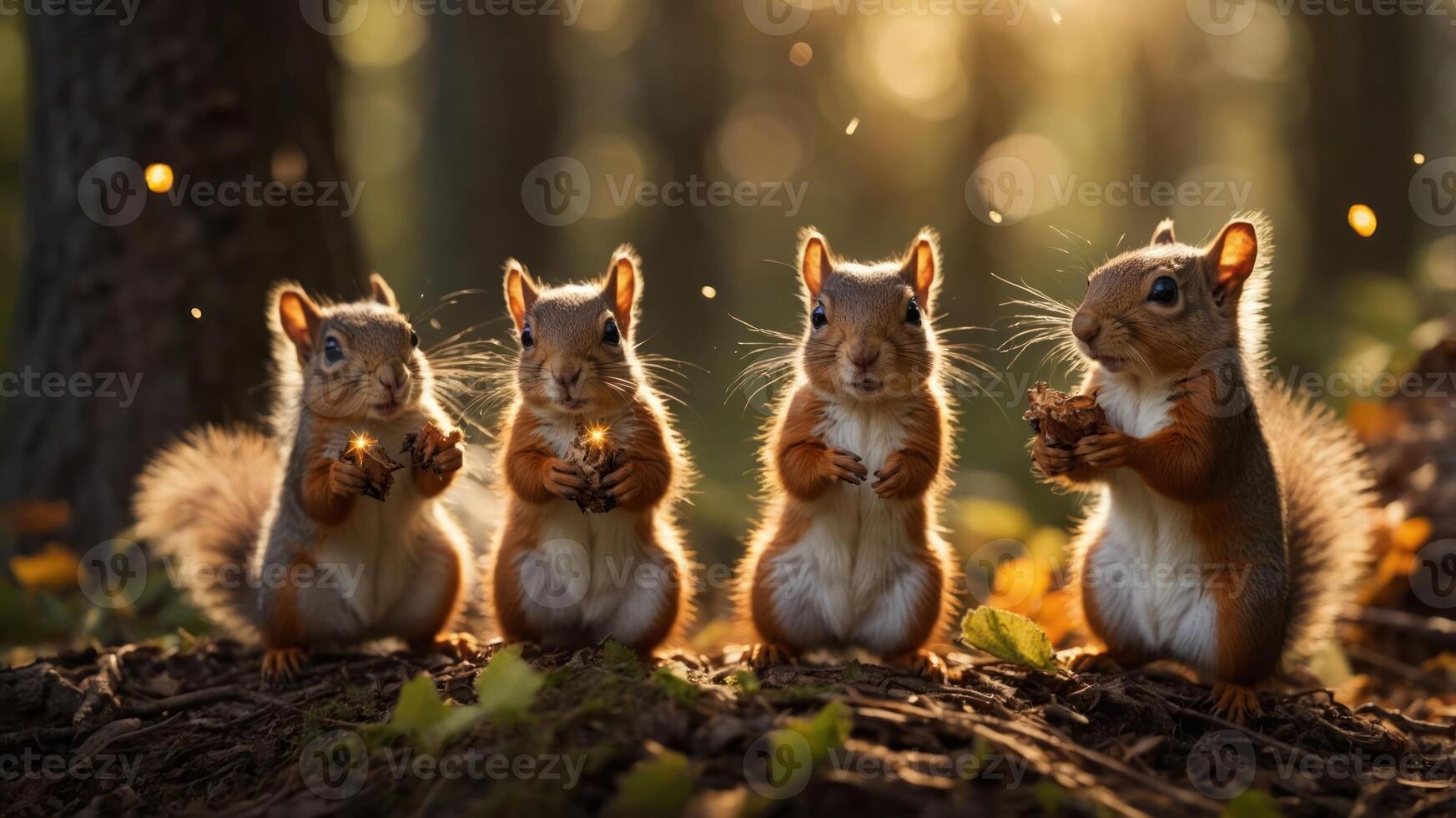 Four squirrels holding nuts in a sunlit forest setting. photo