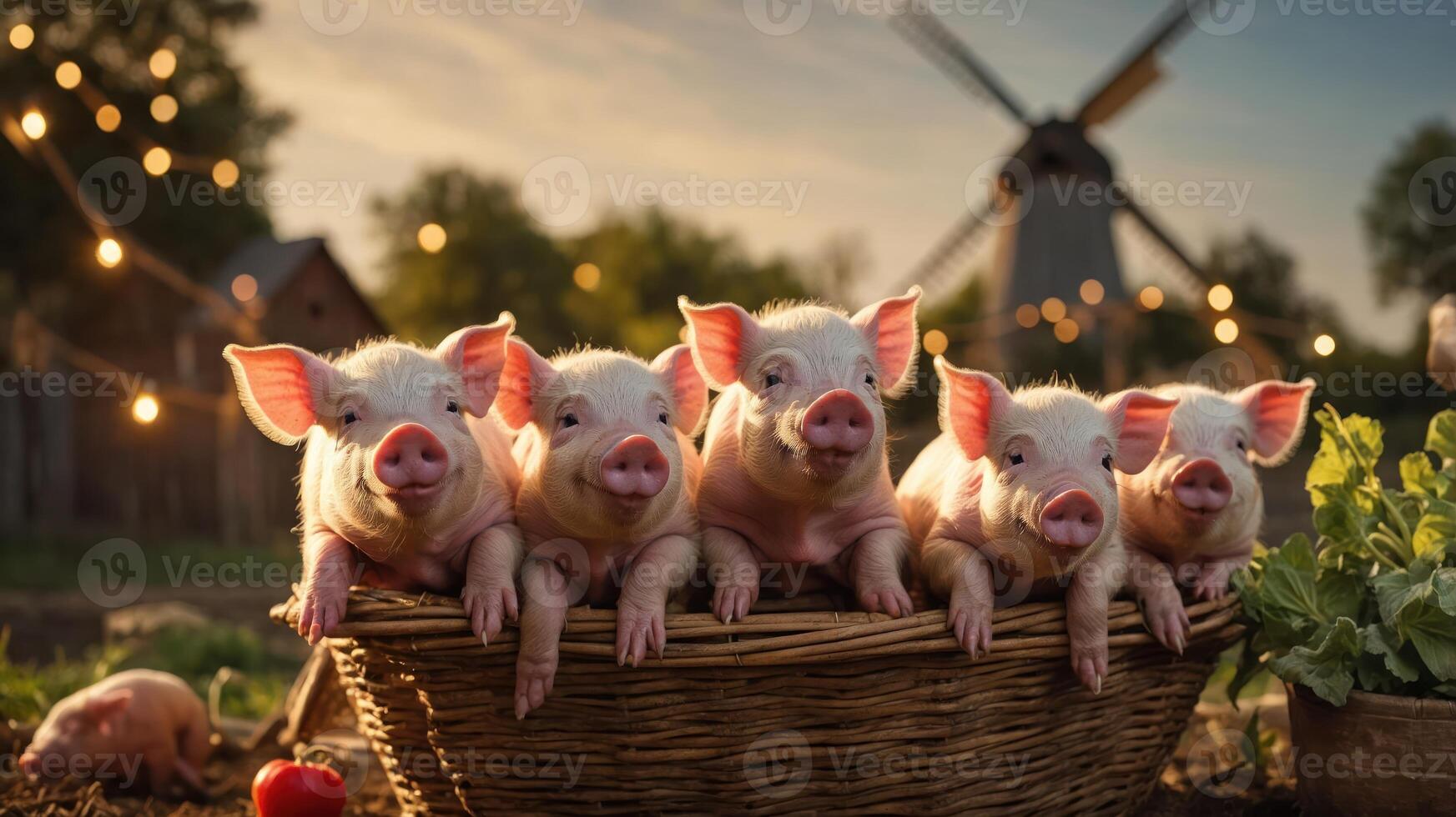 A charming scene of piglets resting in a basket with a rustic backdrop and warm lighting. photo
