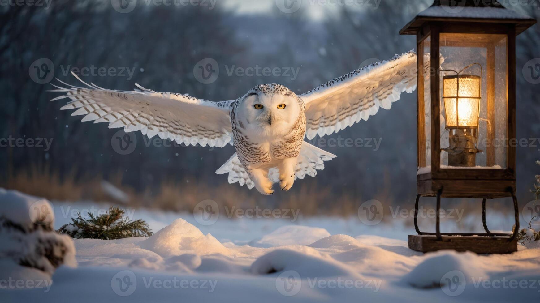 A snowy owl gliding gracefully near a lantern in a winter landscape. photo