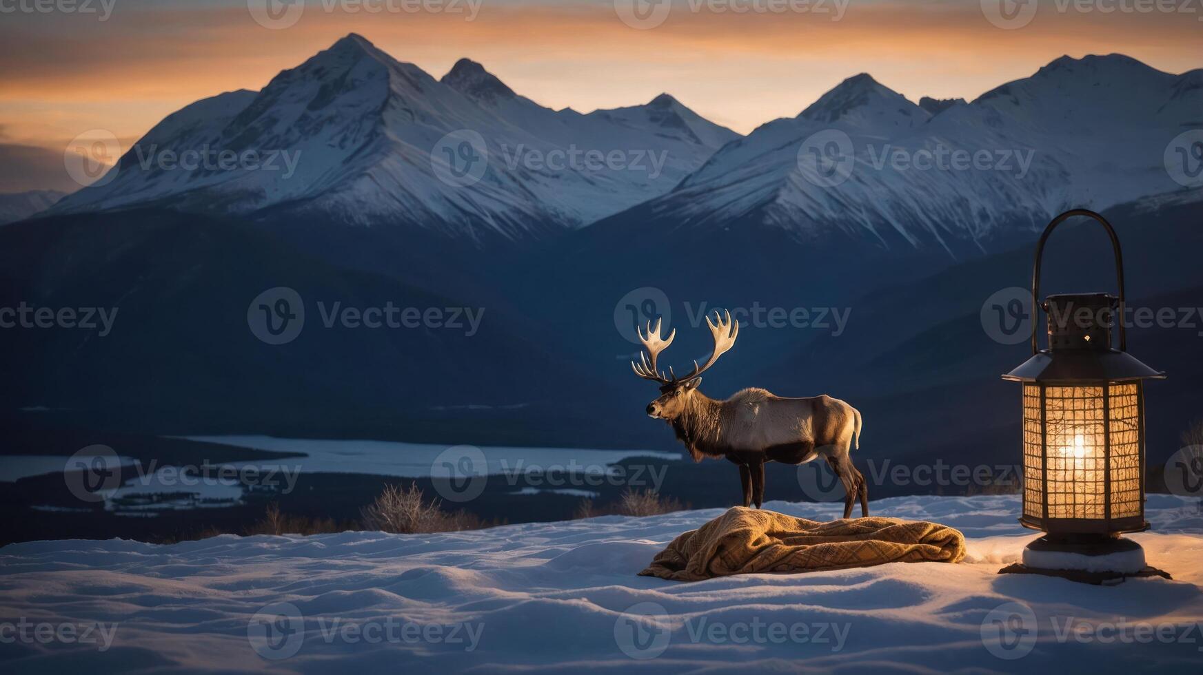 A serene winter landscape featuring a reindeer statue and a lantern against snowy mountains. photo