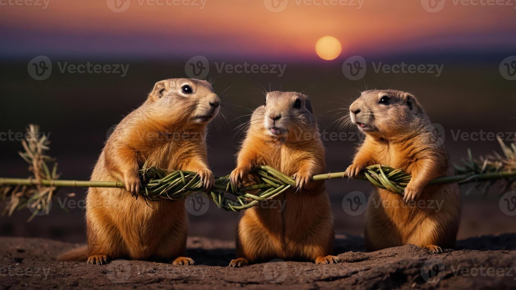 Three prairie dogs holding a branch at sunset, showcasing a playful and social moment. photo