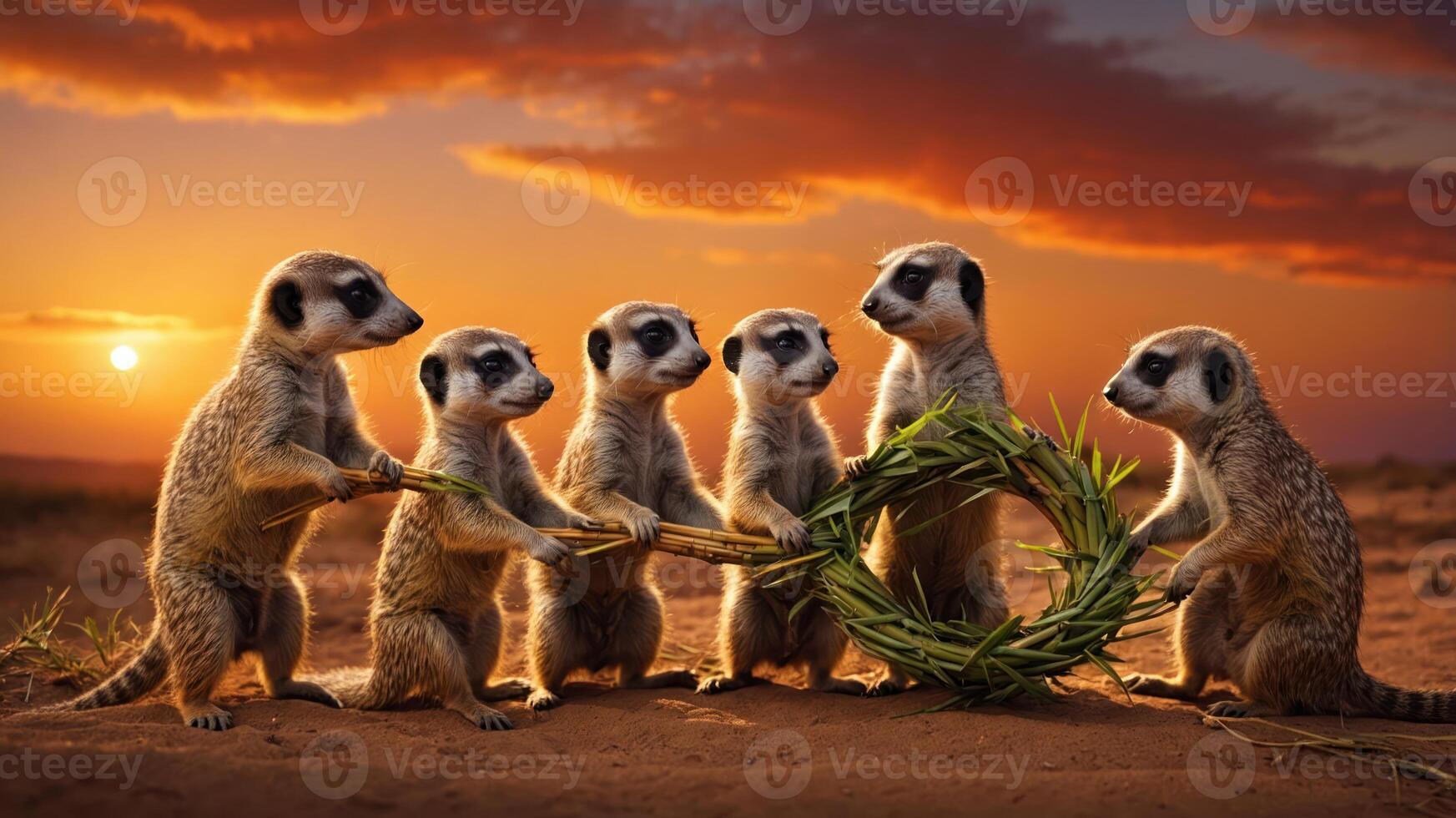 A group of meerkats working together to create a wreath at sunset. photo