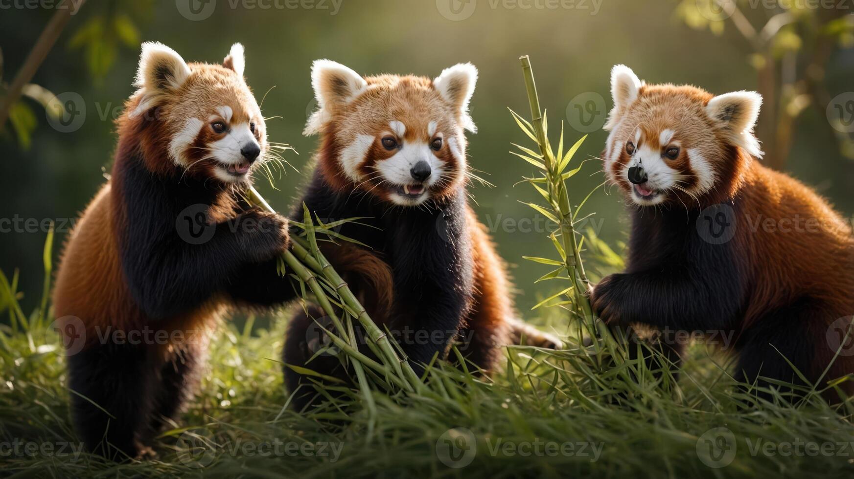 Three red pandas playfully eating bamboo in a natural setting. photo