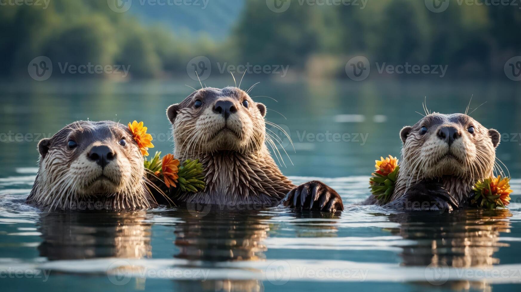 Three otters swimming with flowers around their necks in a serene water setting. photo