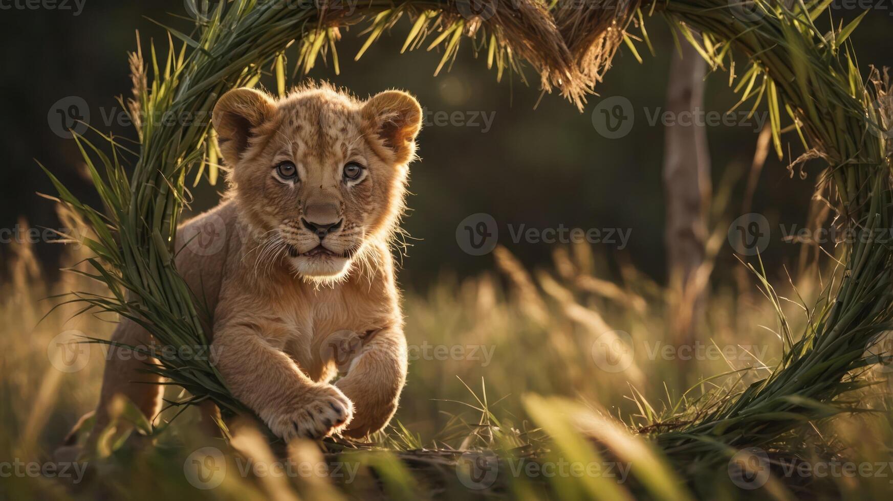 A playful lion cub framed by grass, showcasing its curiosity in a natural setting. photo