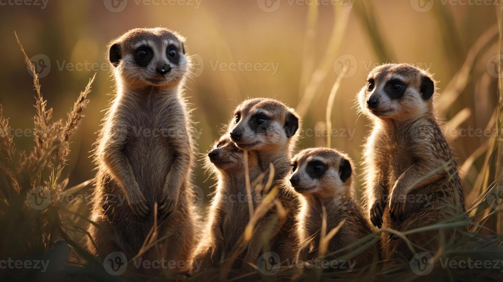 A group of meerkats standing together in a natural setting during golden hour. photo