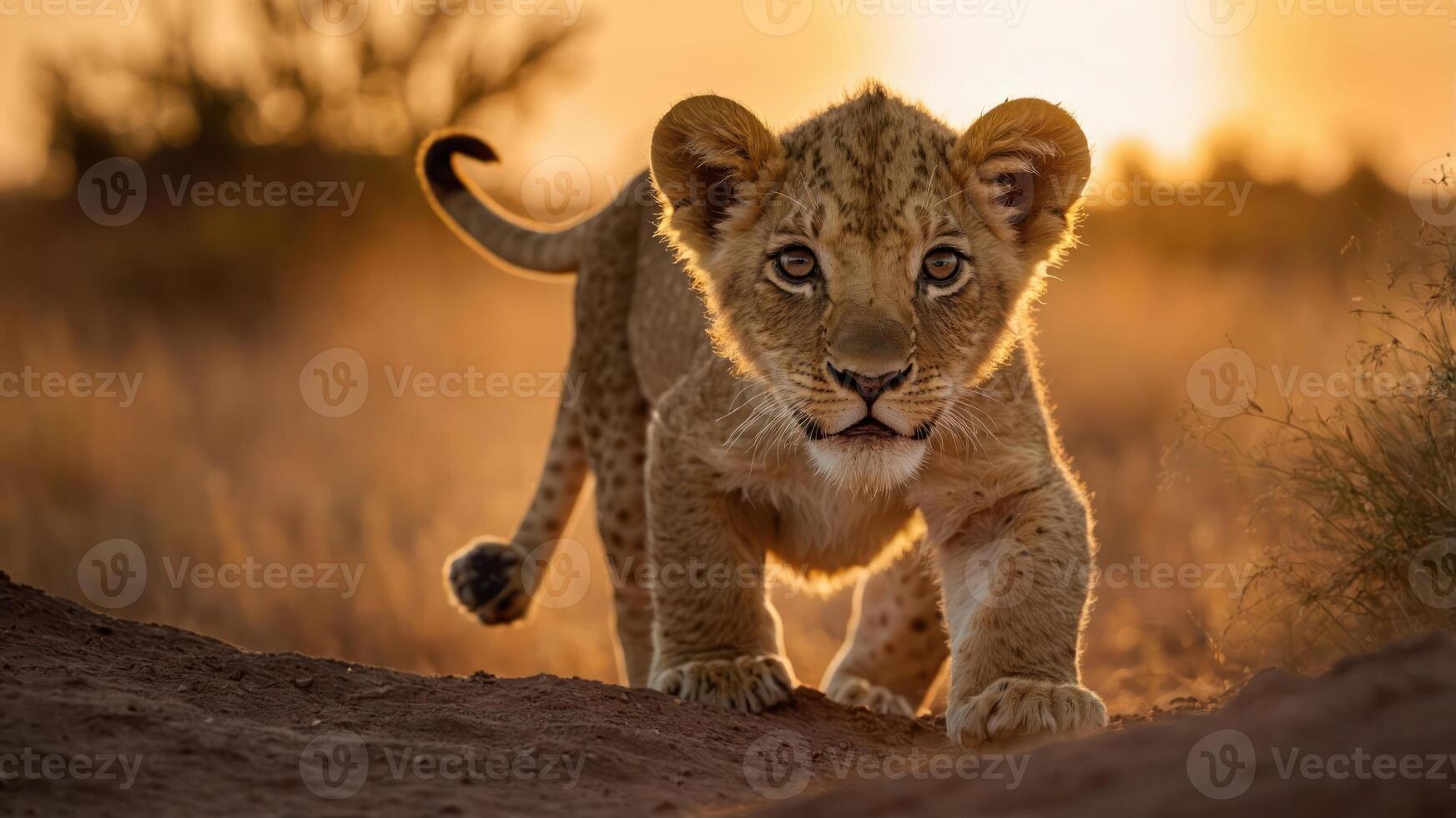A young lion cub walking towards the camera in a golden sunset landscape. photo