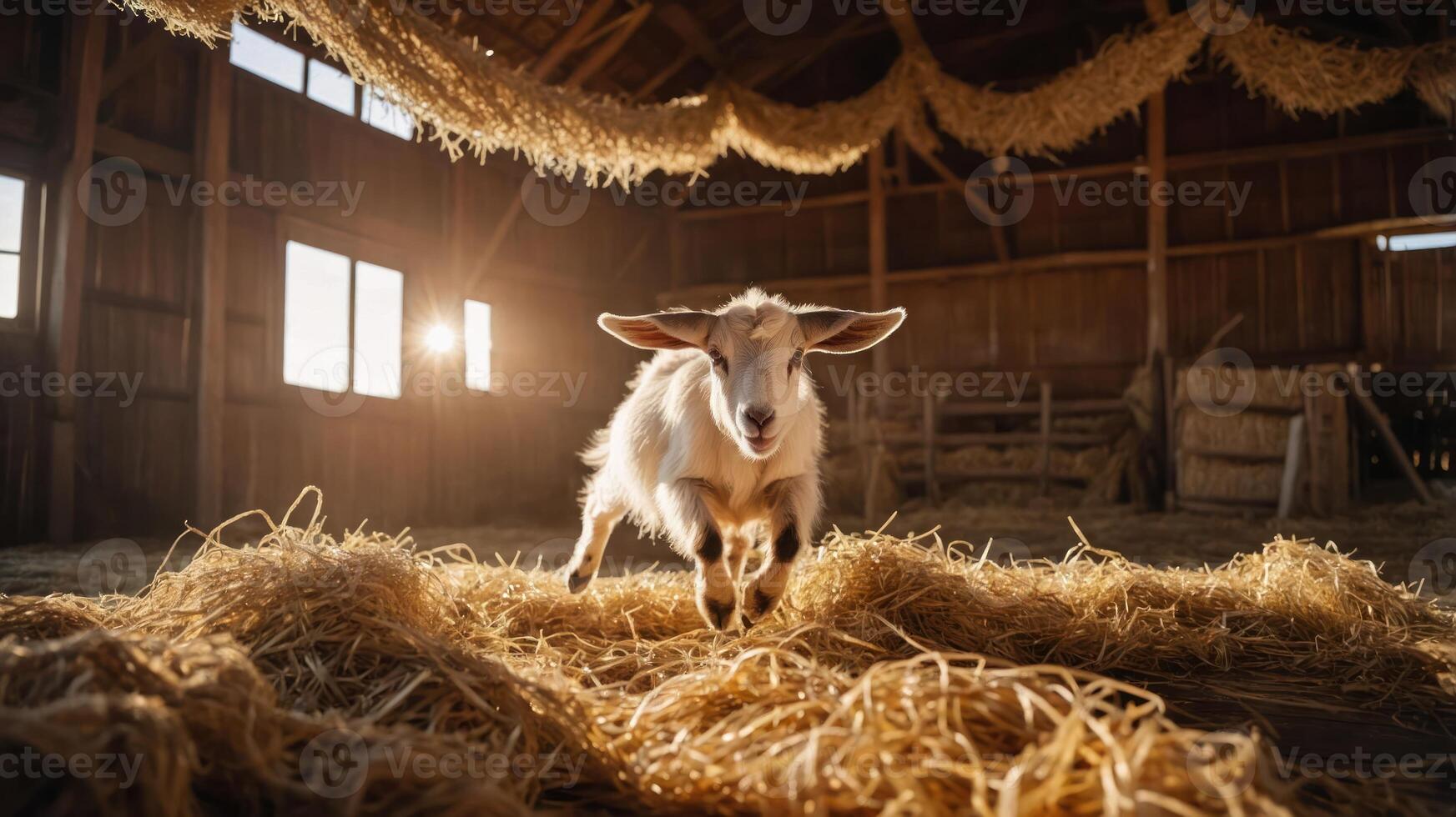 A playful goat runs through a sunlit barn filled with straw. photo