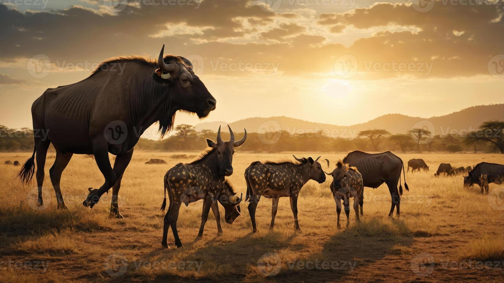 A herd of wildebeests at sunset in a savannah landscape. photo