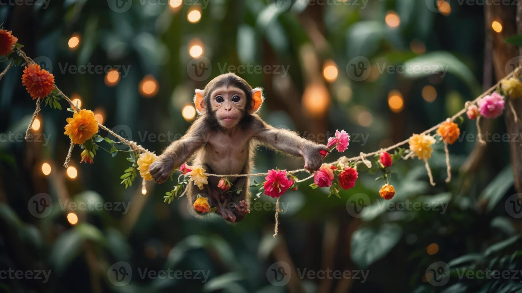 A playful monkey hangs on a floral garland amidst a lush, vibrant background. photo