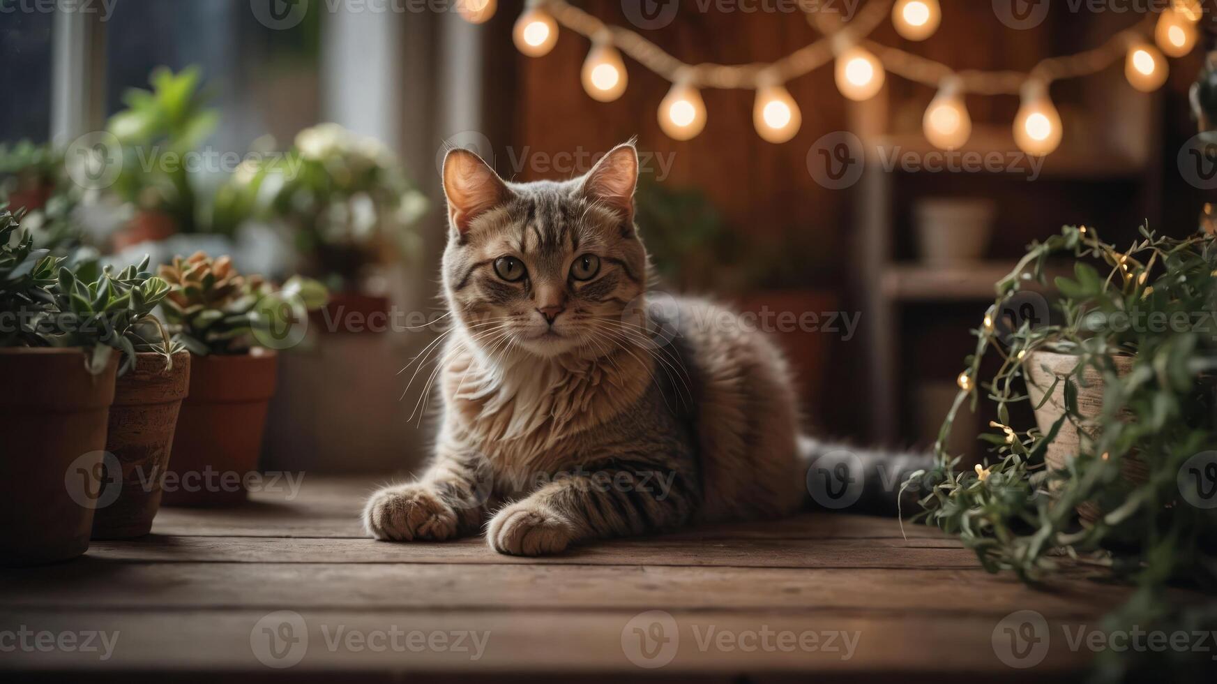 A serene cat resting among potted plants and warm string lights. photo
